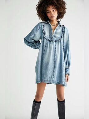 FLAWED Free People Denim Arabella Babydoll Pilgrim Fall Mini Dress, Women's XS